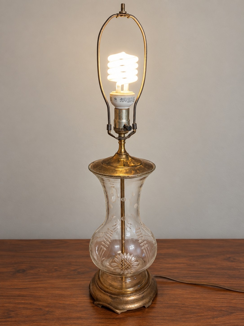 Etched Clear Glass Table Lamp with Gold-Tone Metal Accents
